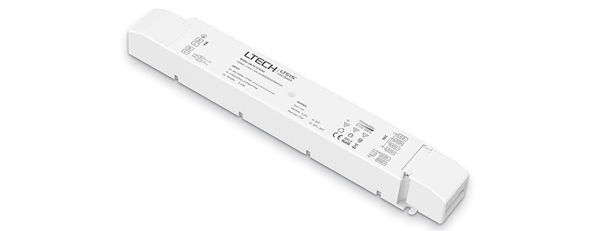 LM-75-12-G1A2  0-10V/1-10V/10V PWM/RX/Push DIM, 0-100% Dim, CV 75W, 12Vdc 6.25A, 200-240Vac, IP20, 5yrs Warranty.
